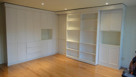 Queen Library Murphy Bed with matching cabinets